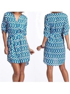 MAEVE Anthropologie Ikat Frequencies Turquoise Belted Button Shirt Dress Medium